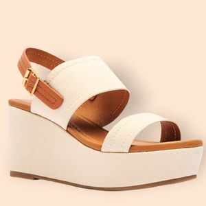 Qupid CALEB-42 Beige Linen Ankle Strap Slingback Platform Wedge Sandal